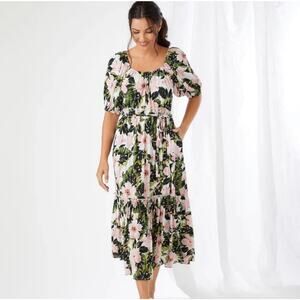 Karen Kane Puff Sleeve Floral Tiered Maxi Dress Size L Green Pink Swing Sundress